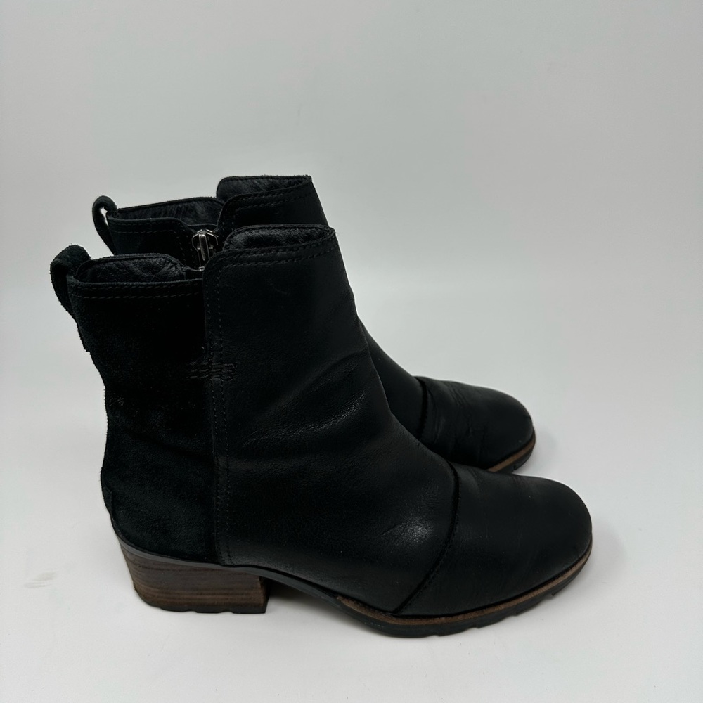 Sorel Cate Bootie Waterproof Black Leather Ankle Boots Lug Sole Sz 8 - Picture 4 of 16